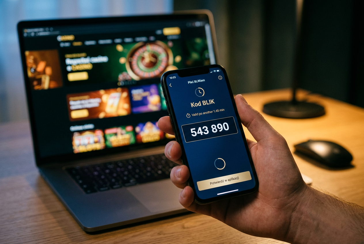 Osoba trzymająca smartfon z wygenerowanym kodem BLIK gotowym do wpłaty w kasynie online