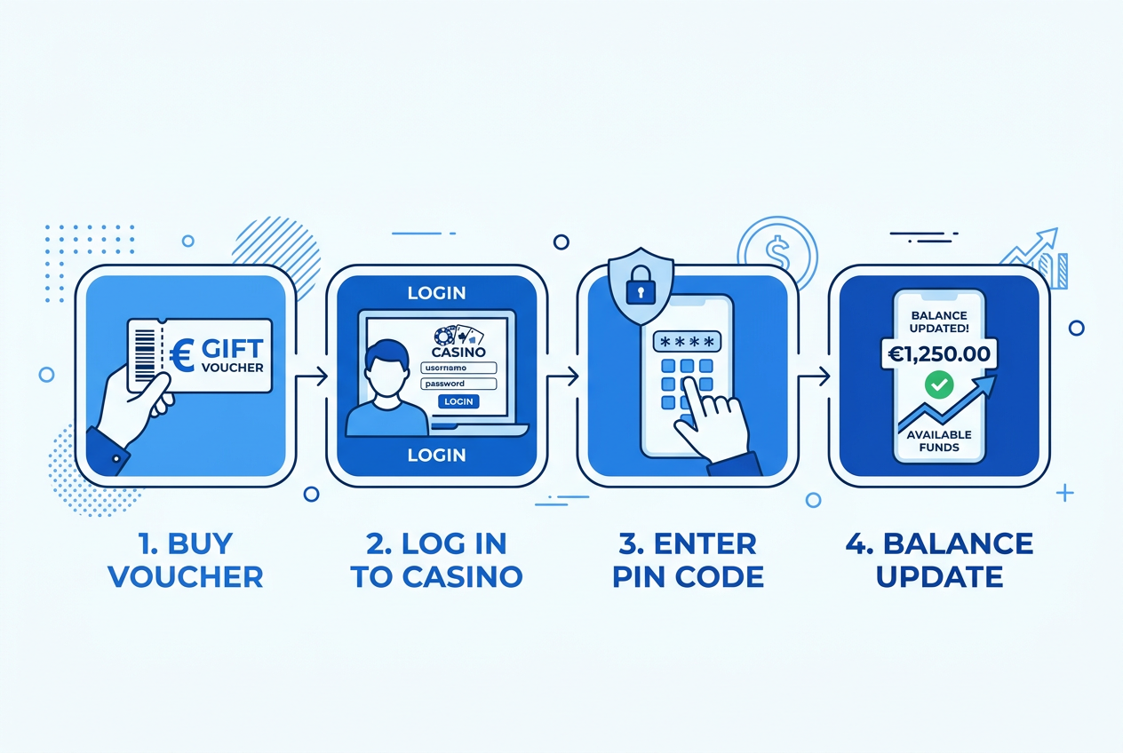 Infografika przedstawiająca proces wpłaty do kasyna online przez Paysafecard