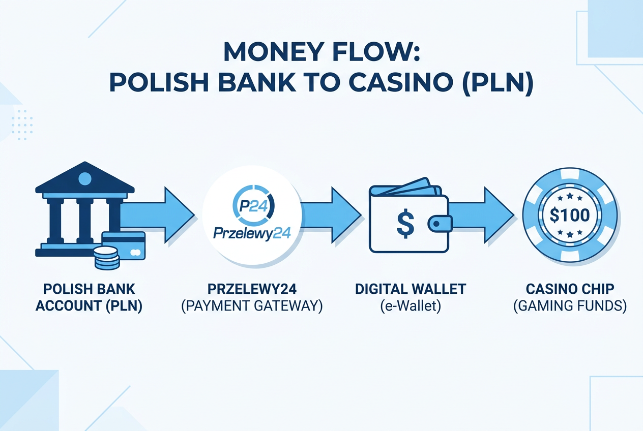 Infografika przedstawiająca ścieżkę płatności od konta bankowego przez Przelewy24 do kasyna