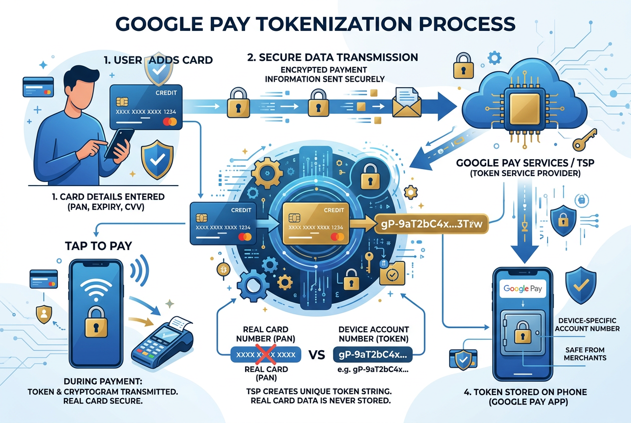 Infografika przedstawiająca schemat tokenizacji płatności Google Pay w kasynie online