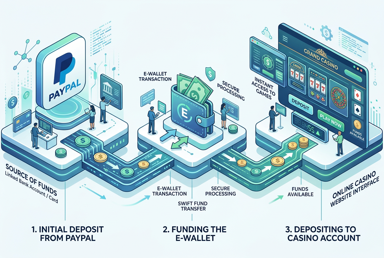 Infografika pokazująca drogę pieniędzy od PayPal przez e-portfel do kasyna
