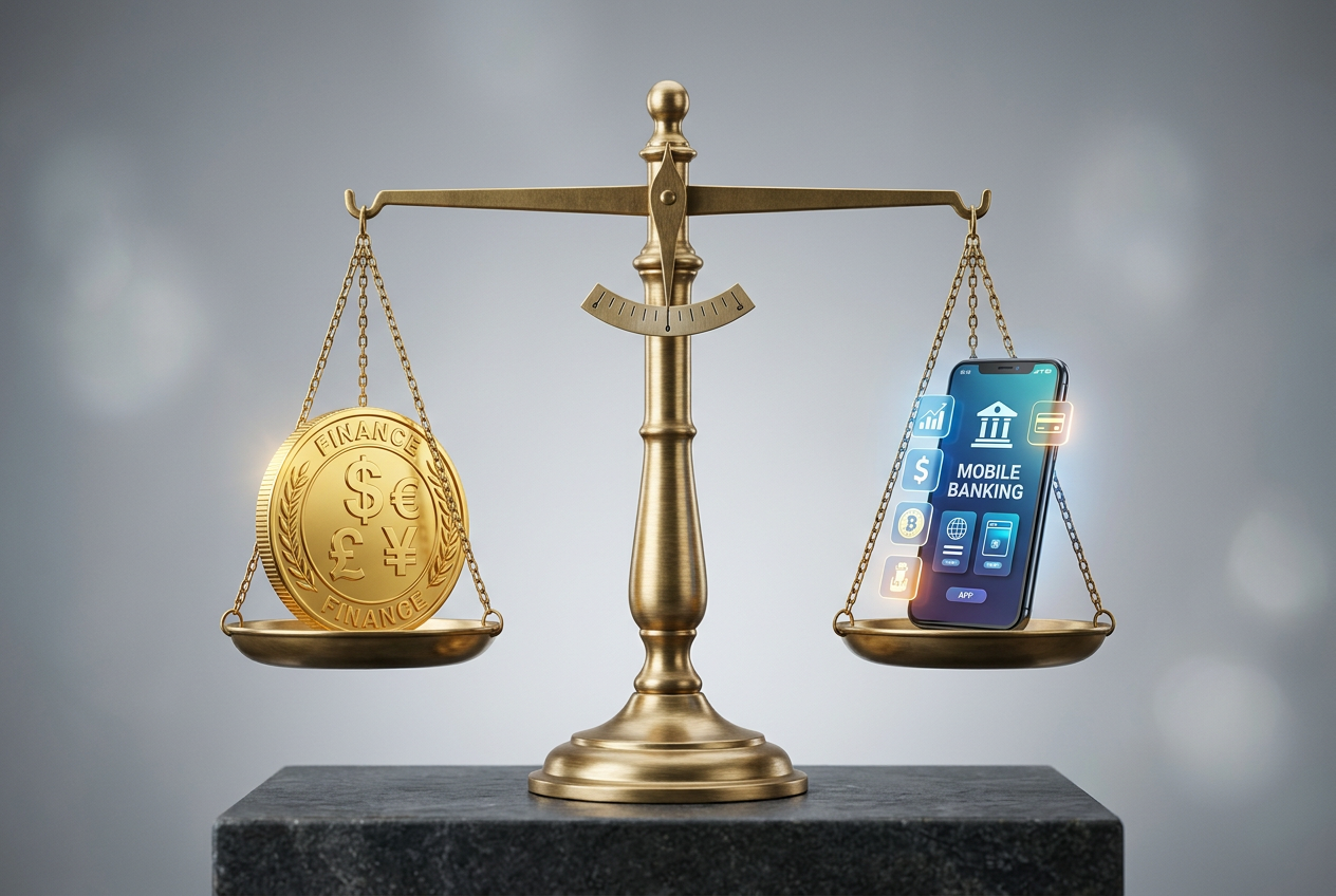 Waga balansująca symbol monety i ikonę telefonu komórkowego
