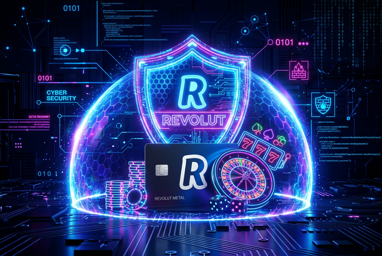 Bezpieczeństwo płatności w kasynach - ikona tarczy i logo Revolut