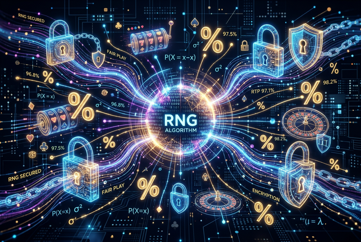 Abstrakcyjna wizualizacja algorytmów RNG i wysokiego wskaźnika RTP w grach hazardowych