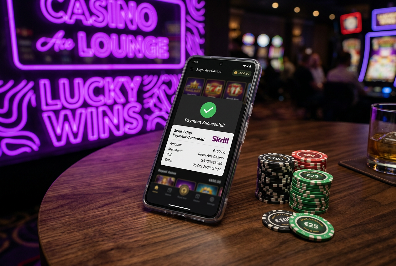 Modern smartphone with Skrill 1-Tap payment interface next to casino chips