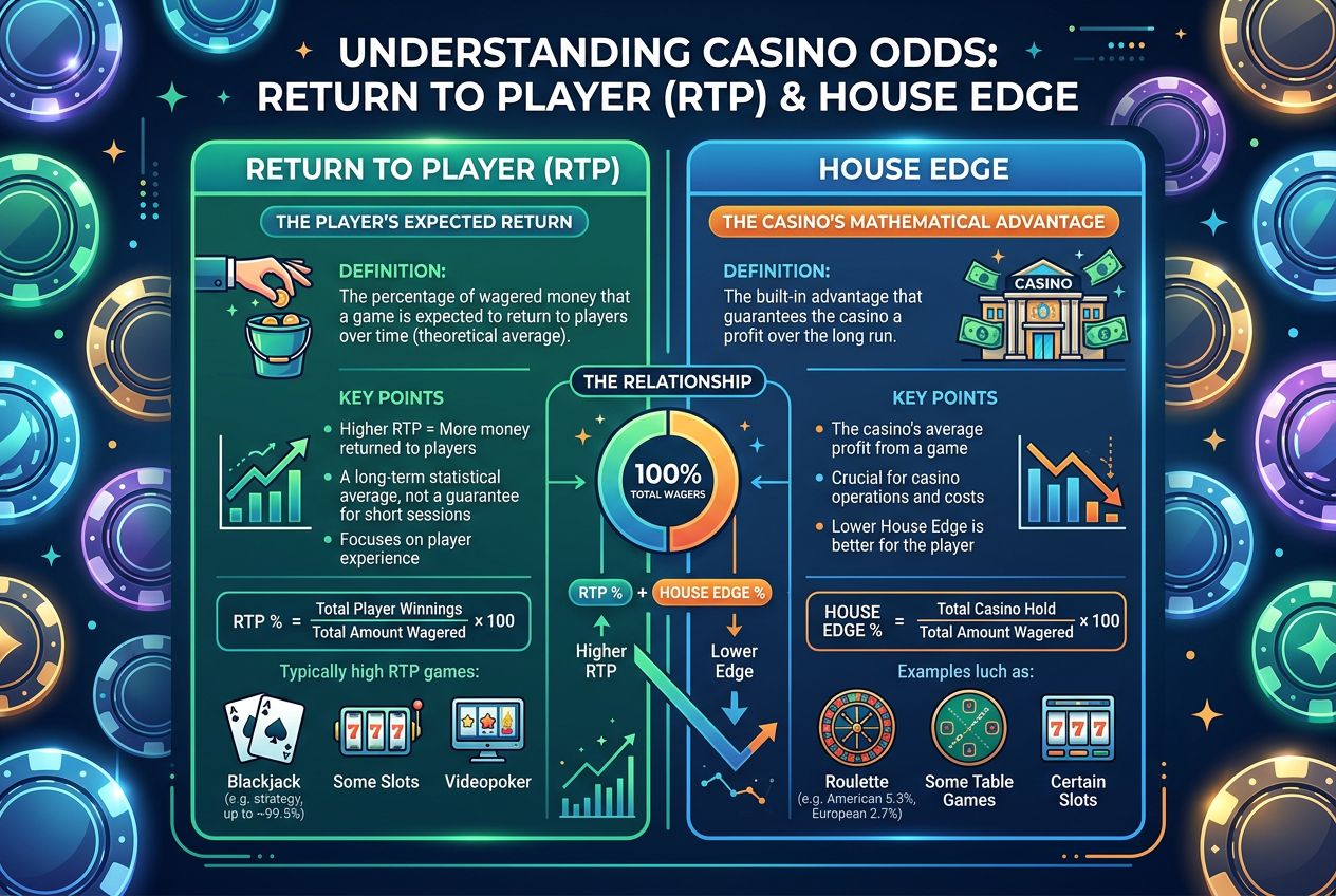 Infografika przedstawiająca koncepcję Return to Player i House Edge na tle żetonów kasynowych